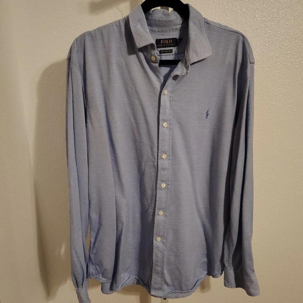 Polo Ralph Lauren Men's Knit Dress Shirt Size XXL Blue Cotton Long Sleeve Button